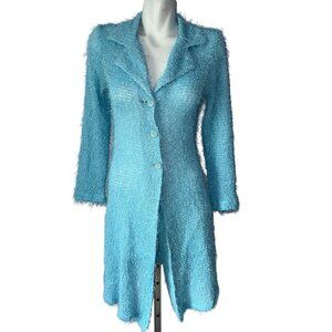 Vtg 90s Sky Blue Fluffy Fringe Long Sleeve Duster Jacket Women's Size Medium